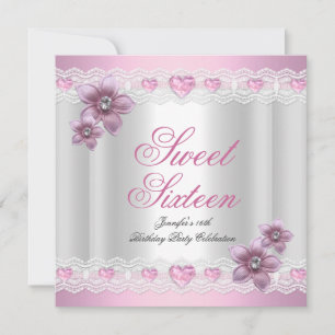 Sweet Sixteen 16 Party Pink Silver Pink Flower Invitation