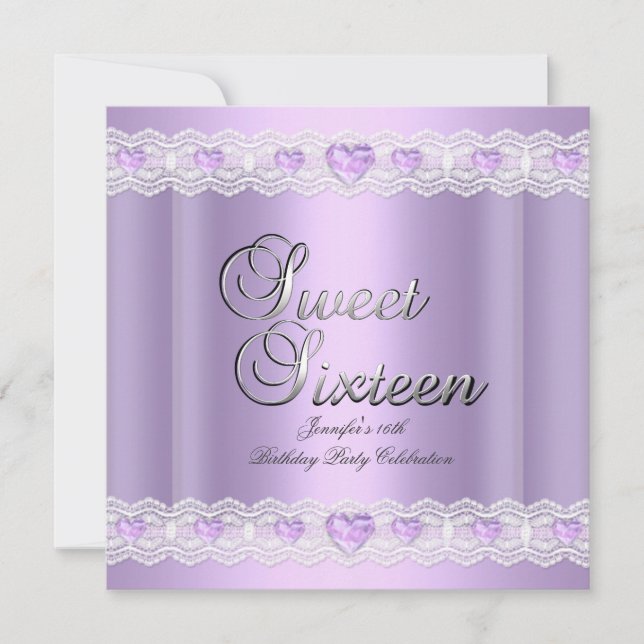 Sweet Sixteen 16 Party Purple Silver Lilac Hearts Invitation (Front)