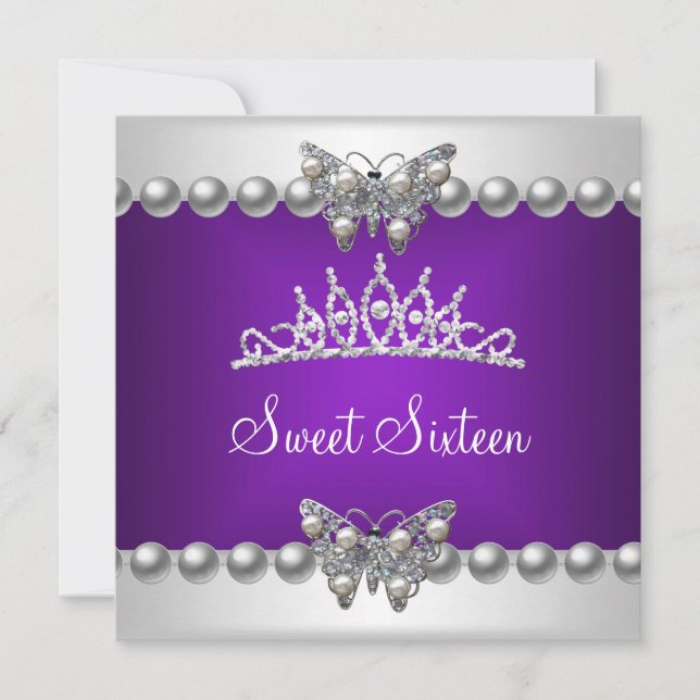 Sweet Sixteen 16 Party Purple White Butterfly Invitation (Front)