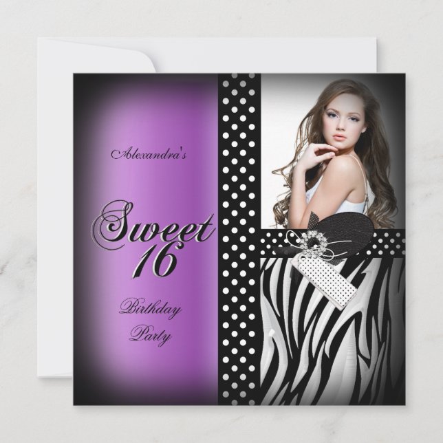 Sweet Sixteen 16 Party Purple Zebra Black Spot Invitation (Front)