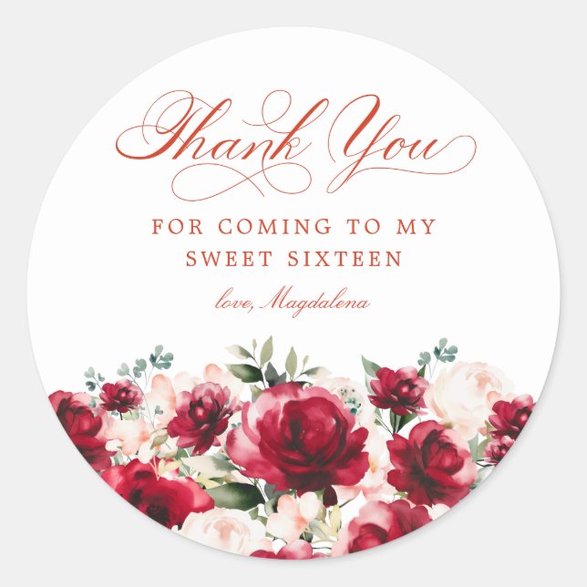 Sweet Sixteen 16 Party Red Pink Floral Thank You Classic Round Sticker (Front)