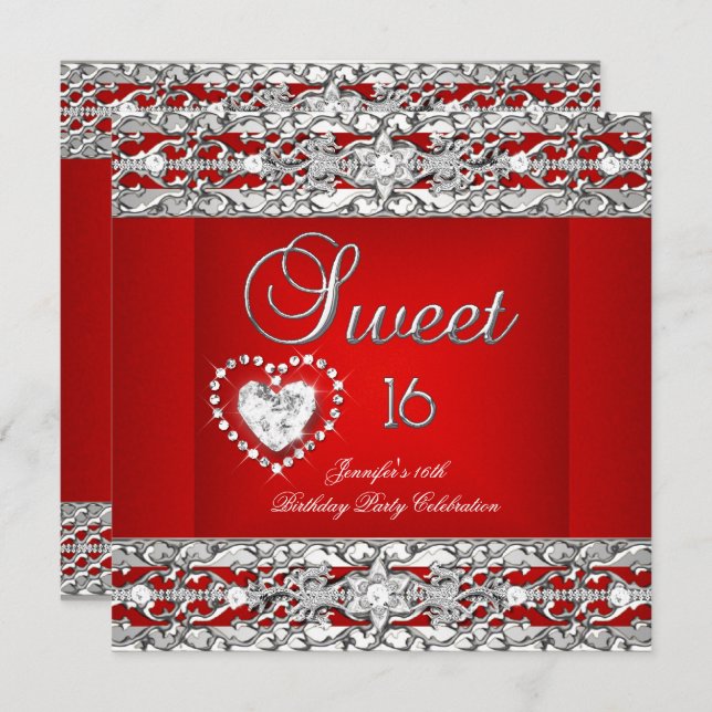 Sweet Sixteen 16 Party Red Silver Diamond Invitation (Front/Back)