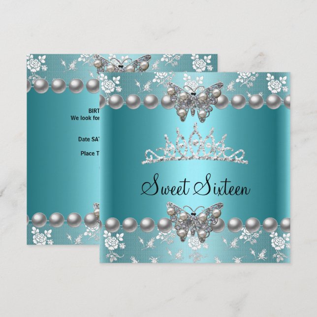 Sweet Sixteen 16 Party Teal Blue Pearl Butterfly Invitation (Front/Back)