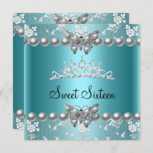 Sweet Sixteen 16 Party Teal Blue Pearl Butterfly Invitation