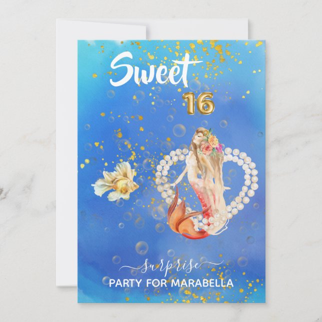*~* SWEET  SIXTEEN 16 Pearl Heart Mermaid Birthday Invitation (Front)