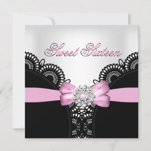 Sweet Sixteen 16 Pink Black White Lace Diamond Top Invitation (Front)
