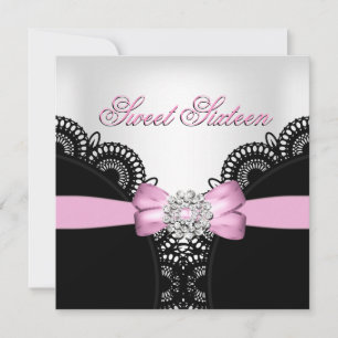 Sweet Sixteen 16 Pink Black White Lace Diamond Top Invitation