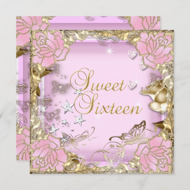 Sweet Sixteen 16 Pink Gold Floral Invitation (Front/Back)