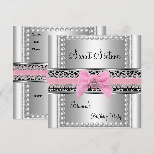 Sweet Sixteen 16 Pink Lace Silver Pearl Leopard Invitation (Front/Back)