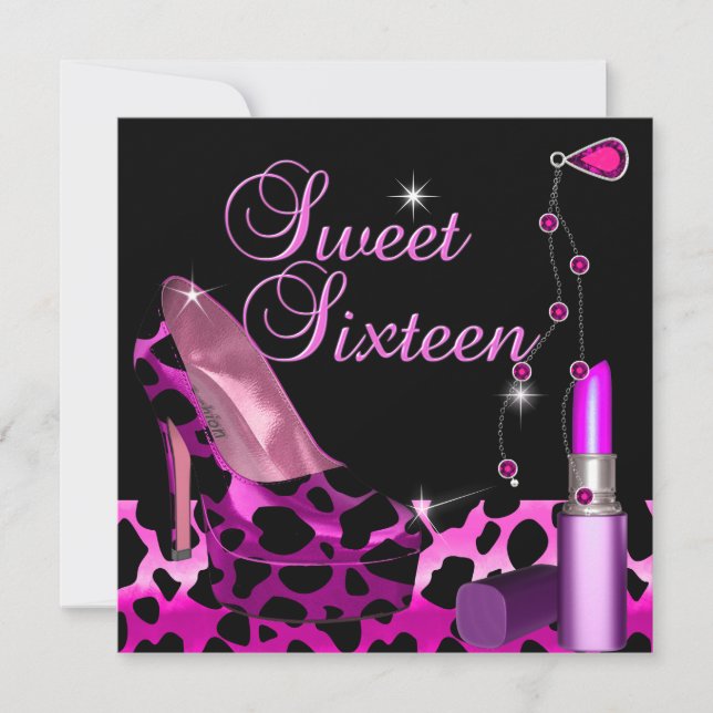 Sweet Sixteen 16 Pink Leopard Shoe Lipstick Invitation (Front)
