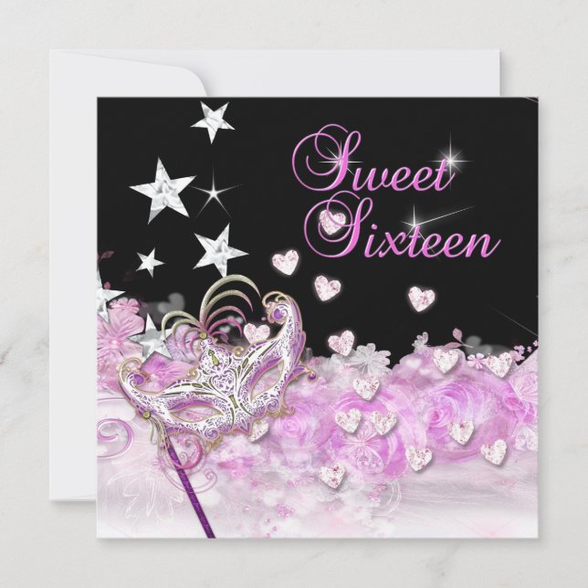 Sweet Sixteen 16 Pink Mask Hearts Stars Invitation (Front)