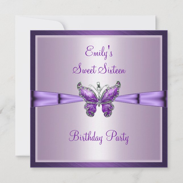 Sweet Sixteen 16 Purple Butterfly Birthday 3 Invitation (Front)