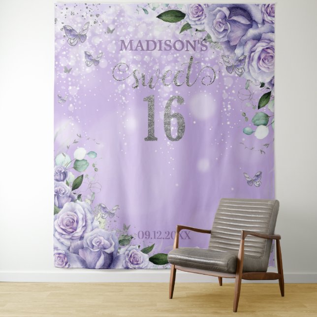 Sweet Sixteen 16 Purple Floral Butterflies Photo Tapestry (In Situ)