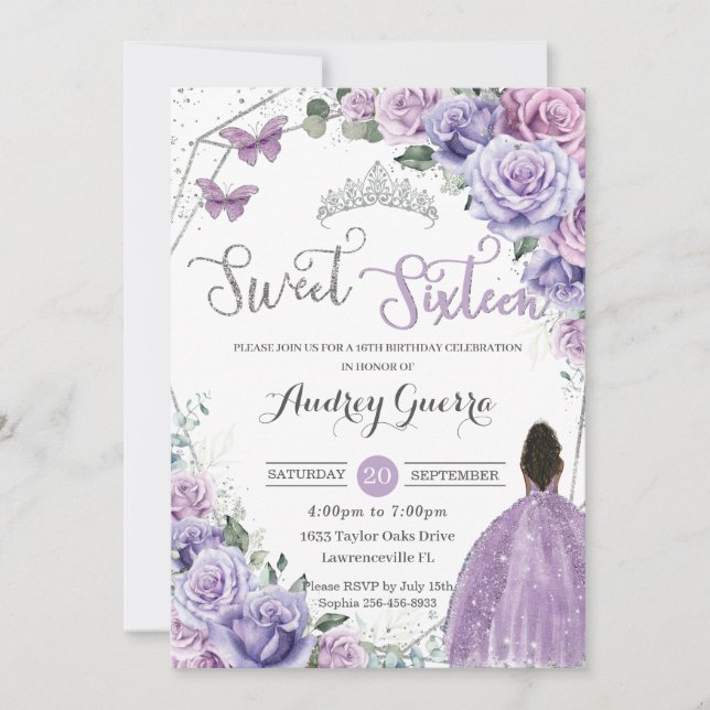 Sweet Sixteen 16 Purple Floral Princess Birthday Invitation (Front)