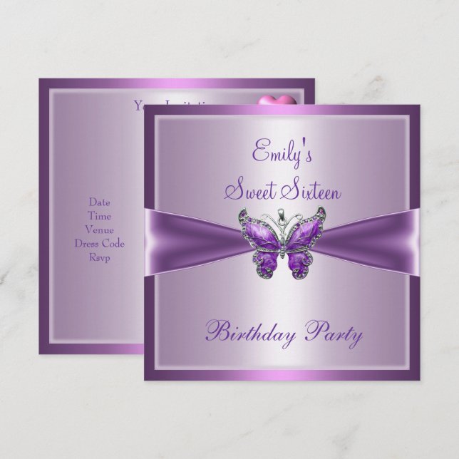 Sweet Sixteen 16 Purple Mauve Butterfly Birthday Invitation (Front/Back)