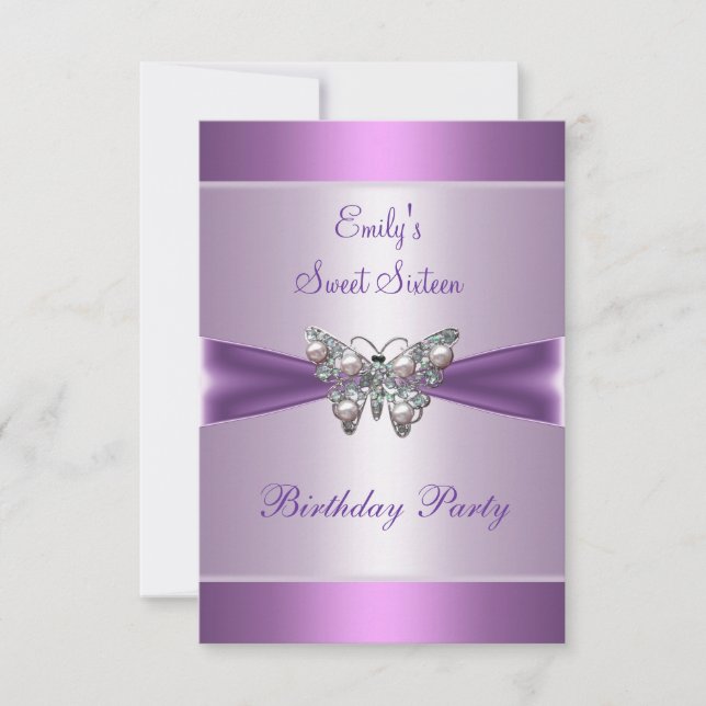 Sweet Sixteen 16 Purple Mauve Pearl Butterfly 2 Invitation (Front)