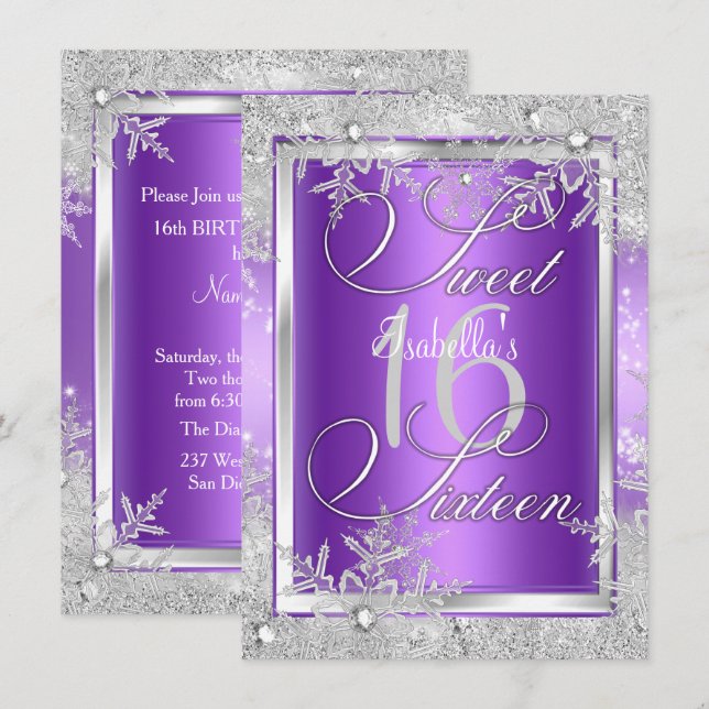Sweet Sixteen 16 Purple Winter Wonderland Invitation (Front/Back)