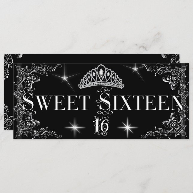 Sweet Sixteen 16 Regal Black Silver Tiara Invitation (Front/Back)