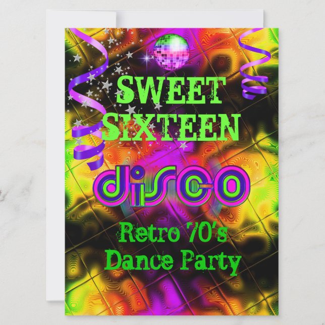 Sweet Sixteen 16 Retro 70's Disco Dance Party Invitation (Front)