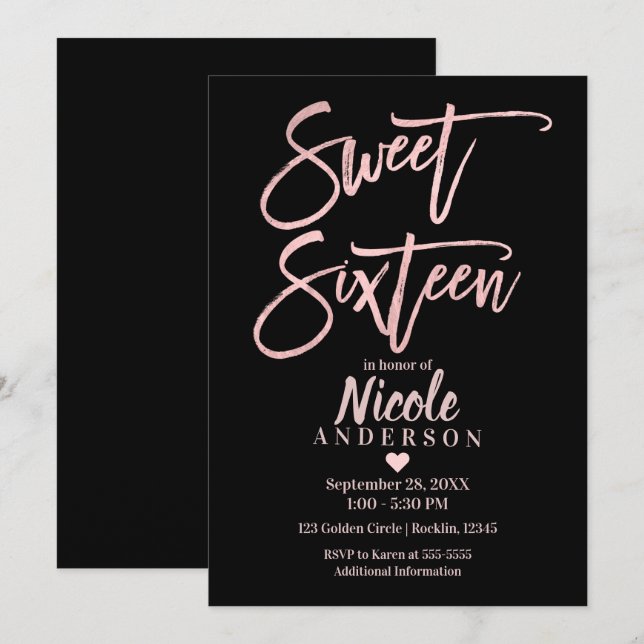 SWEET SIXTEEN 16 Rose Gold Foil & Black Modern Invitation (Front/Back)
