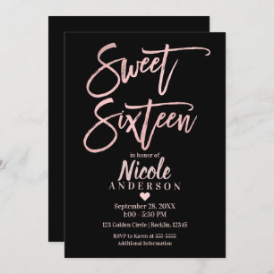 SWEET SIXTEEN 16 Rose Gold Foil & Black Modern Invitation