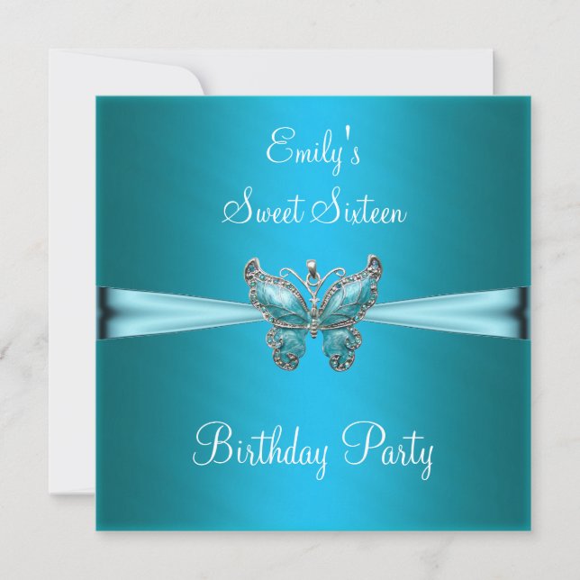 Sweet Sixteen 16 Teal Blue Butterfly Birthday Invitation (Front)