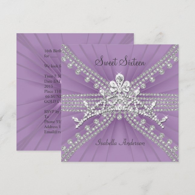 Sweet Sixteen 16 Tiara Lilac Birthday Party Invitation (Front/Back)