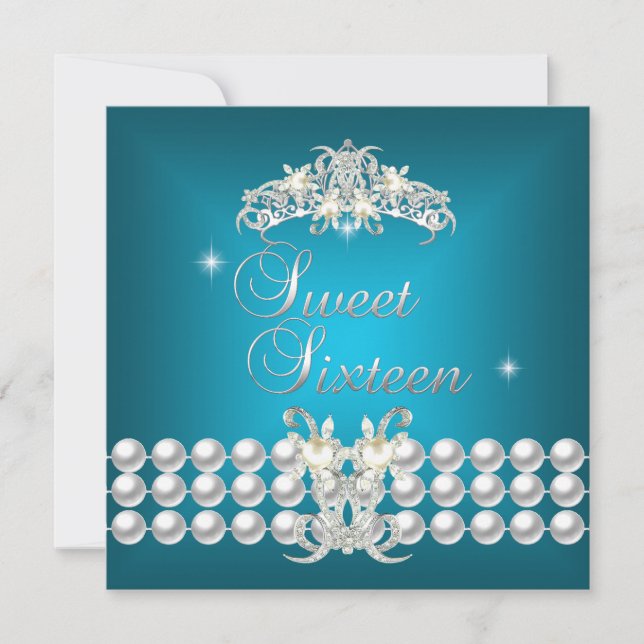Sweet Sixteen 16 Tiara Teal Blue White Pearl Invitation (Front)