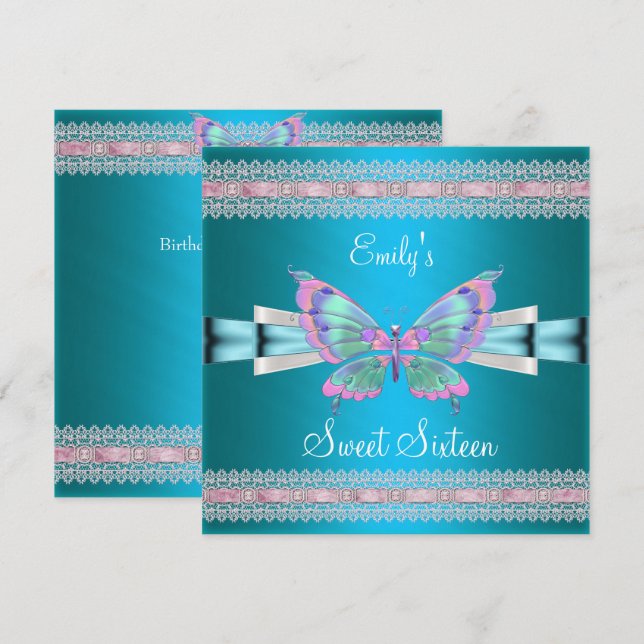 Sweet Sixteen 16 White Teal Blue Pink Butterfly Invitation (Front/Back)