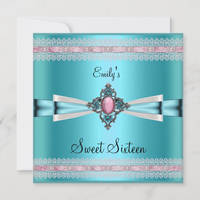 Sweet Sixteen 16 White Teal Blue Pink Invitation (Front)
