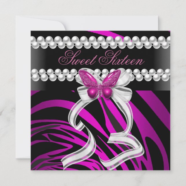 Sweet Sixteen 16 Zebra Butterfly Black Pink White Invitation (Front)