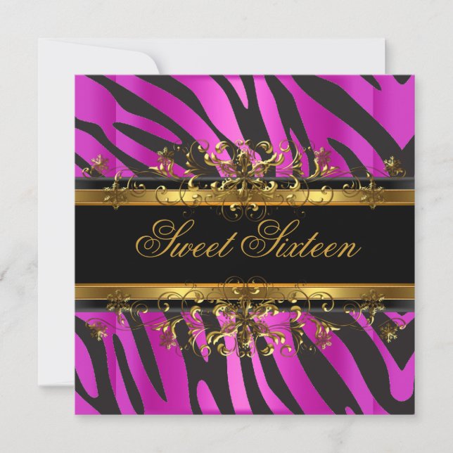 Sweet Sixteen 16  Zebra Hot Pink Gold Black Invitation (Front)