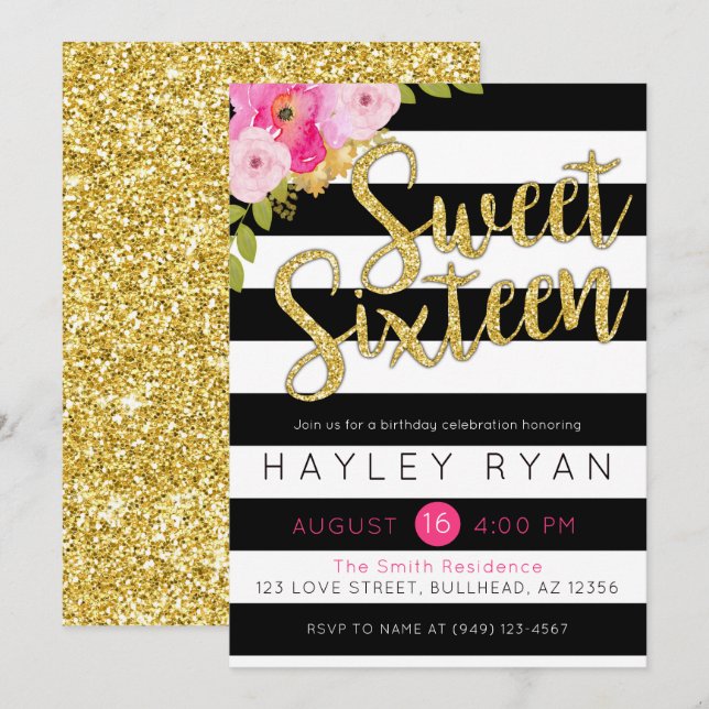 Sweet Sixteen 16th Birthday Black White Stripe Invitation (Front/Back)