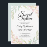 Sweet Sixteen 16th Birthday Blue Pink Floral Invitation<br><div class="desc">Blue pink floral sweet sixteen 16th birthday invitation, elegant pink floral design with leaves in pale blue and green watercolors. This chic sweet 16 invitation features elegant script and modern typography. The back of the card is painted in a matching blue watercolor. For further customisation, please click the "customise further"...</div>