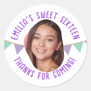 Sweet Sixteen 16th Birthday Custom Photo Banner Cl Classic Round Sticker