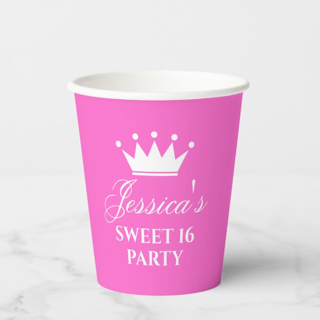 Sweet sixteen 16th Birthday party hot pink Paper Cups (Front)