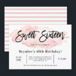 Sweet Sixteen 16th Birthday Party Invitation<br><div class="desc">Pretty blush pink watercolor and gold faux glitter abstract shape,  16th birthday party invitation. Back of card features coordinating pink watercolor stripe pattern.</div>