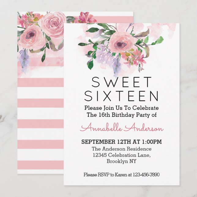 Sweet Sixteen 16th Birthday Pink Floral Watercolor Invitation (Front/Back)