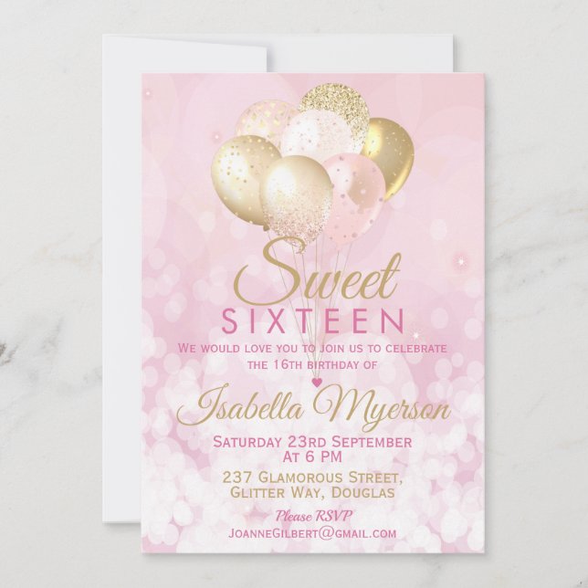 Sweet Sixteen 16th Birthday Pink Glitter Balloon Invitation (Front)
