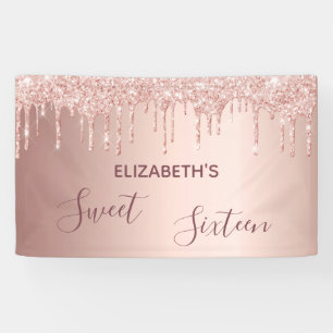Sweet sixteen 16th birthday rose gold glitter drip banner