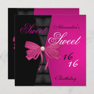 Sweet Sixteen 16th Bright Pink Black Bow party Invitation