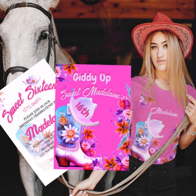 Sweet Sixteen 16th Cowgirl Floral Pink Birthday Invitation (Creator Uploaded)