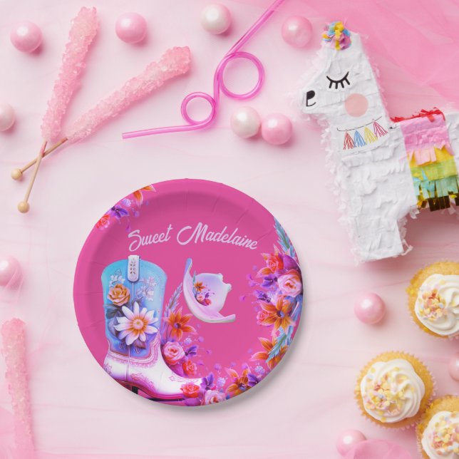 Sweet Sixteen 16th Cowgirl Floral Pink Birthday Paper Plate (Party)
