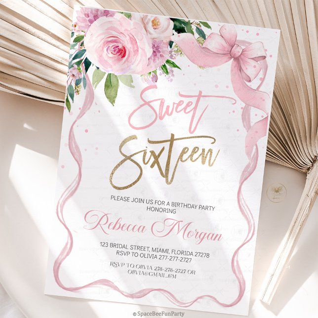 Sweet Sixteen 16th Invitation (Sweet Sixteen, Sweet 16 Invitation, 16th Birthday, Pink Bow Invitation, Floral Watercolor, Birthday )
