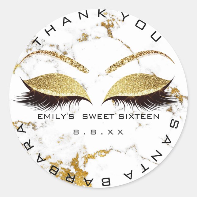 Sweet Sixteen 16th Marble White Lash Glitter Eyes Classic Round Sticker (Front)