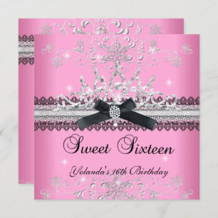 Sweet Sixteen 16th Pink Glitter Tiara Black Bow Invitation