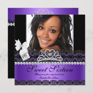 Sweet Sixteen 16th Purple Silver Photo Black Lace Invitation