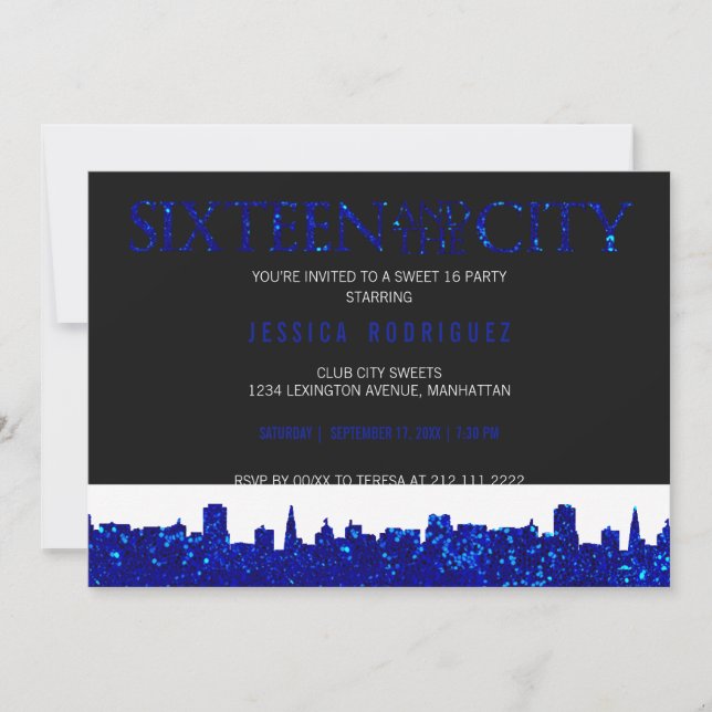 Sweet Sixteen and The City Sweet 16 Birthday BLUE Invitation (Front)