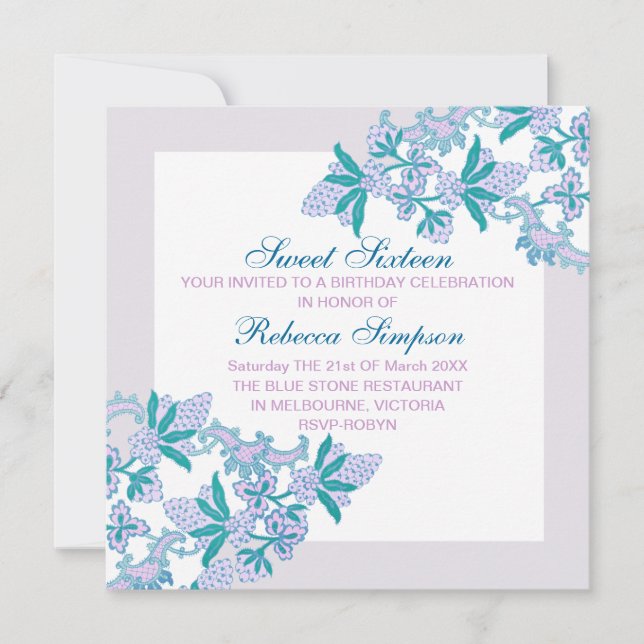 Sweet Sixteen Aqua Flowers Birthday Invitation (Front)