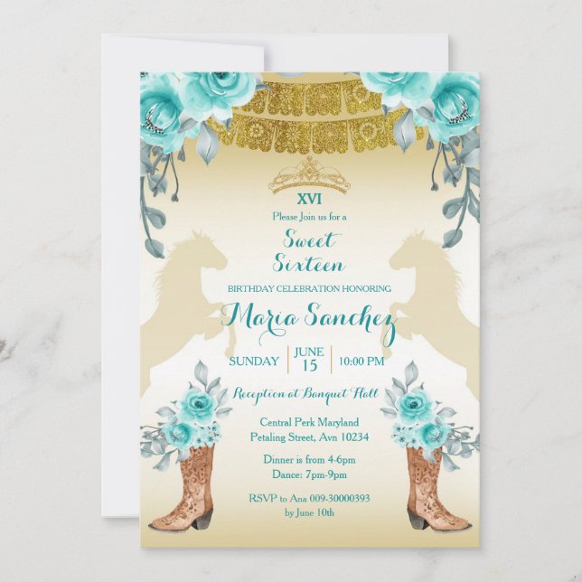 Sweet Sixteen Aqual Teal Turquoise Horse & Boots   Invitation (Front)